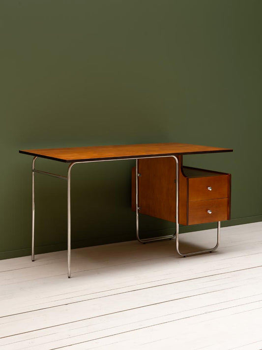 Bureau mid-century bouleau chrome Maurice angle 3/4 — Bōme