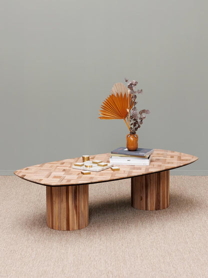 Table basse Alezan teck recyclé pieds cylindriques profil — Bōme
