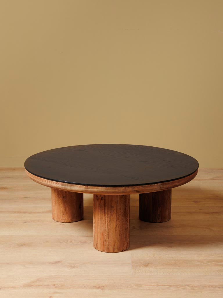 Table basse chêne noir pieds pin cylindriques Sens angle 3/4 — Bōme