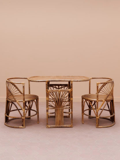 Ensemble table ovale 2 chaises rotin Trinidad bois foncé vue de face — Bōme