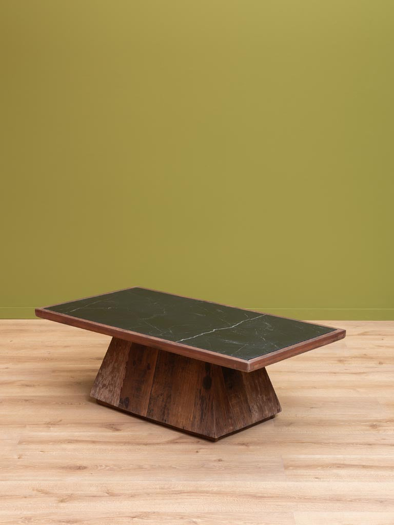Table basse marbre noir bois recyclé Canyon angle 3/4 — Bōme
