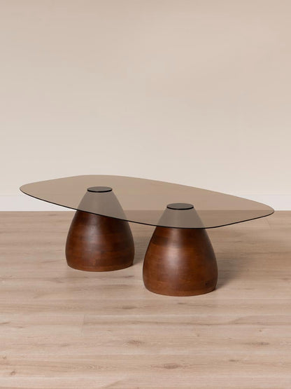 Table basse verre fumé manguier pieds coniques Ganache angle 3/4 — Bōme
