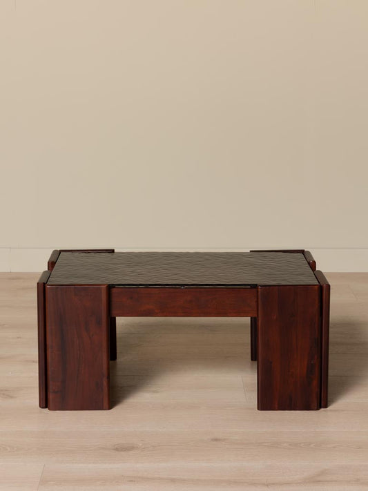 Table basse verre texturé bronze acacia Templo vue de face — Bōme